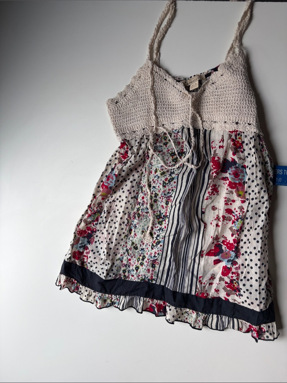 Crochet-Bust Floral Patchwork Mini Dress - Neutral Crochet & Multicolor Print